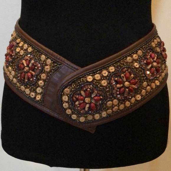 IBISCO Boho Wide Leather & Fabric Beaded Belt - Picture 3 of 6